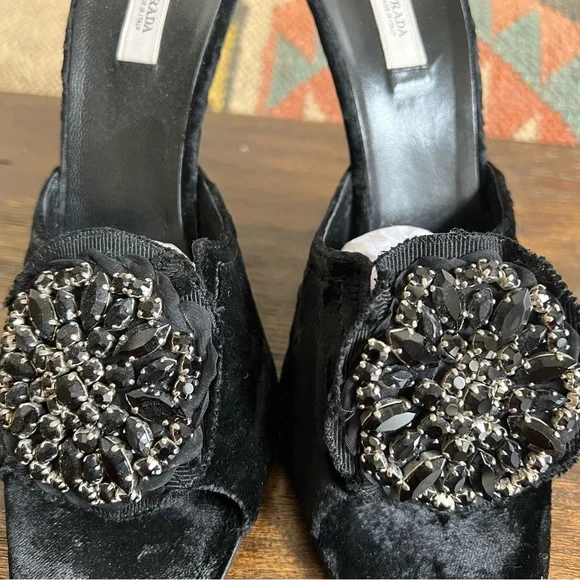 Prada (Worn Indoor Once) Black Velvet Crystal Flower Curved Heel Mules 37.5